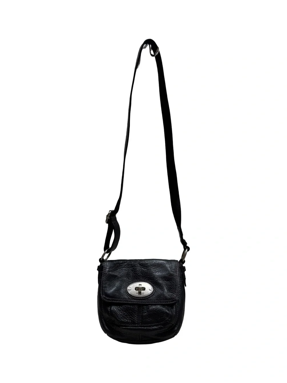 Vintage Fossil Black Leather Crossbody with Silver Turn-Lock Accent